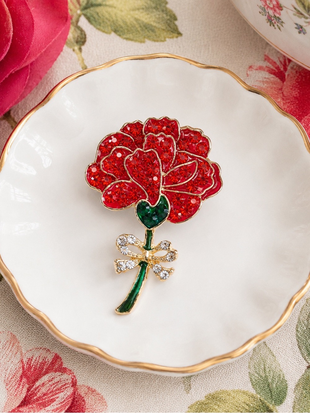 New Sparkly Red Carnation Brooch | Gold-Tone Rhinestone Flower Pin | Green Ename